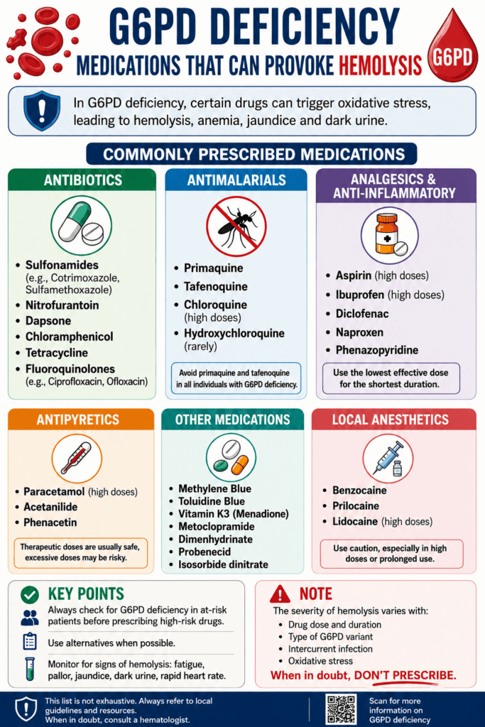 Medical infographic showing commonly prescribed medications that may provoke hemolysis in G6PD deficiency including sulfonamides, antimalarials, and NSAIDs