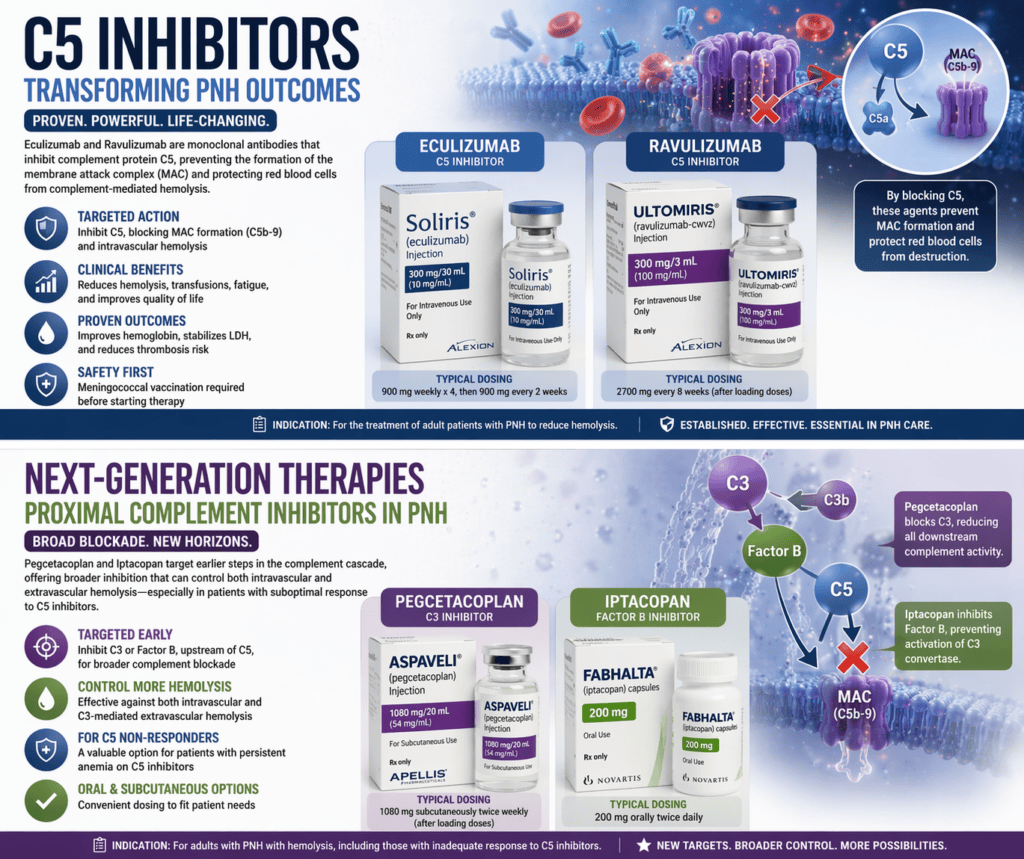 PNH treatment infographic showing C5 inhibitors eculizumab ravulizumab and proximal complement inhibitors pegcetacoplan iptacopan