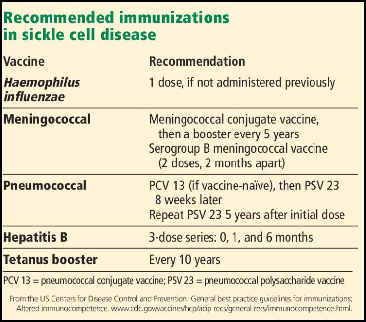 Table of recommended immunizations for sickle cell disease including Haemophilus influenzae, meningococcal vaccines, pneumococcal vaccines, hepatitis B, and tetanus booster schedules