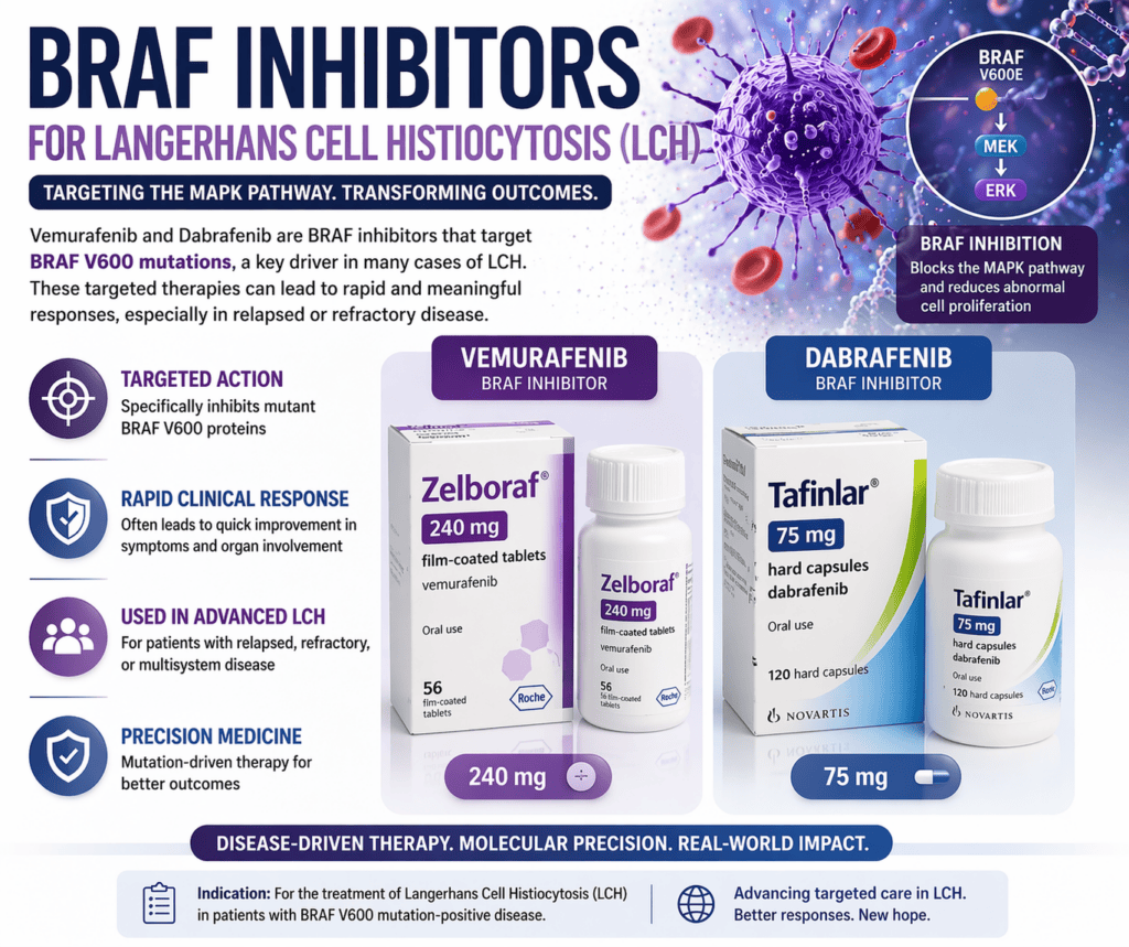 BRAF inhibitors vemurafenib and dabrafenib for Langerhans Cell Histiocytosis targeted therapy infographic