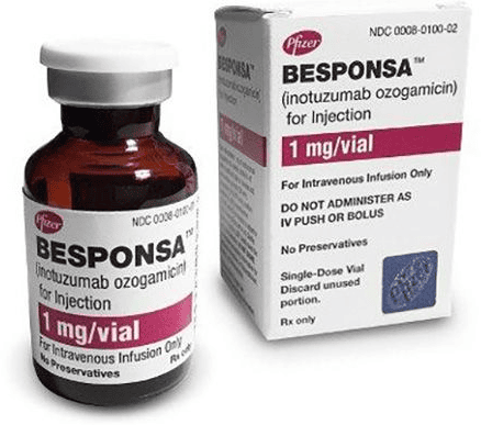 Inotuzumab ozogamicin (Besponsa) vial and packaging used in the treatment of relapsed or refractory Acute Lymphoblastic Leukemia (ALL).