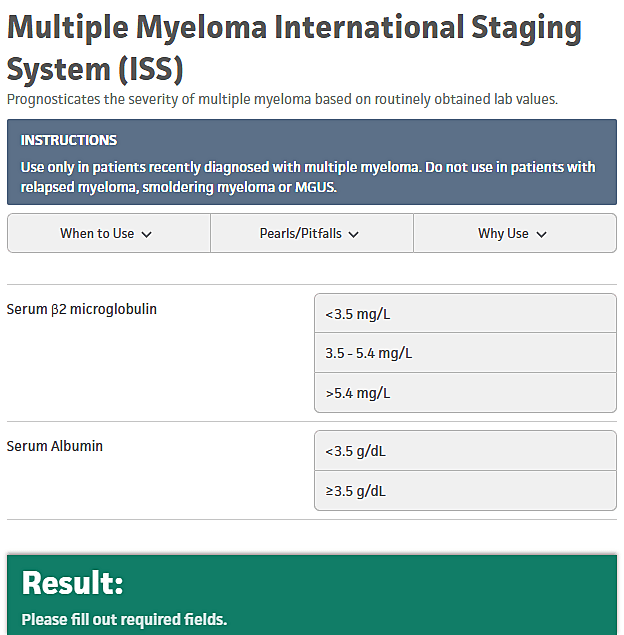 International Staging System table for multiple myeloma showing criteria based on beta-2 microglobulin, serum albumin, and corresponding median survival.