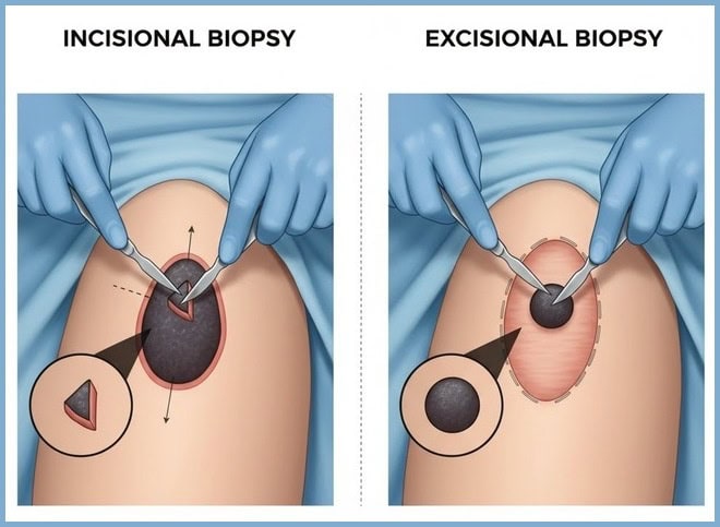 Diagram showing the difference between incisional biopsy (partial removal) and excisional biopsy (entire removal) for tumor staging
