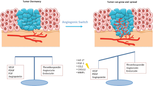 Diagram showing tumor dormancy and angiogenic switch leading to cancer growth and metastasis