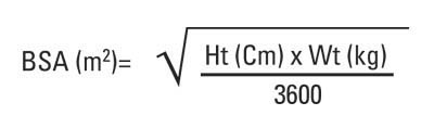 Body Surface Area (BSA) formula used for calculating chemotherapy dosage, showing the variables of height and weight.