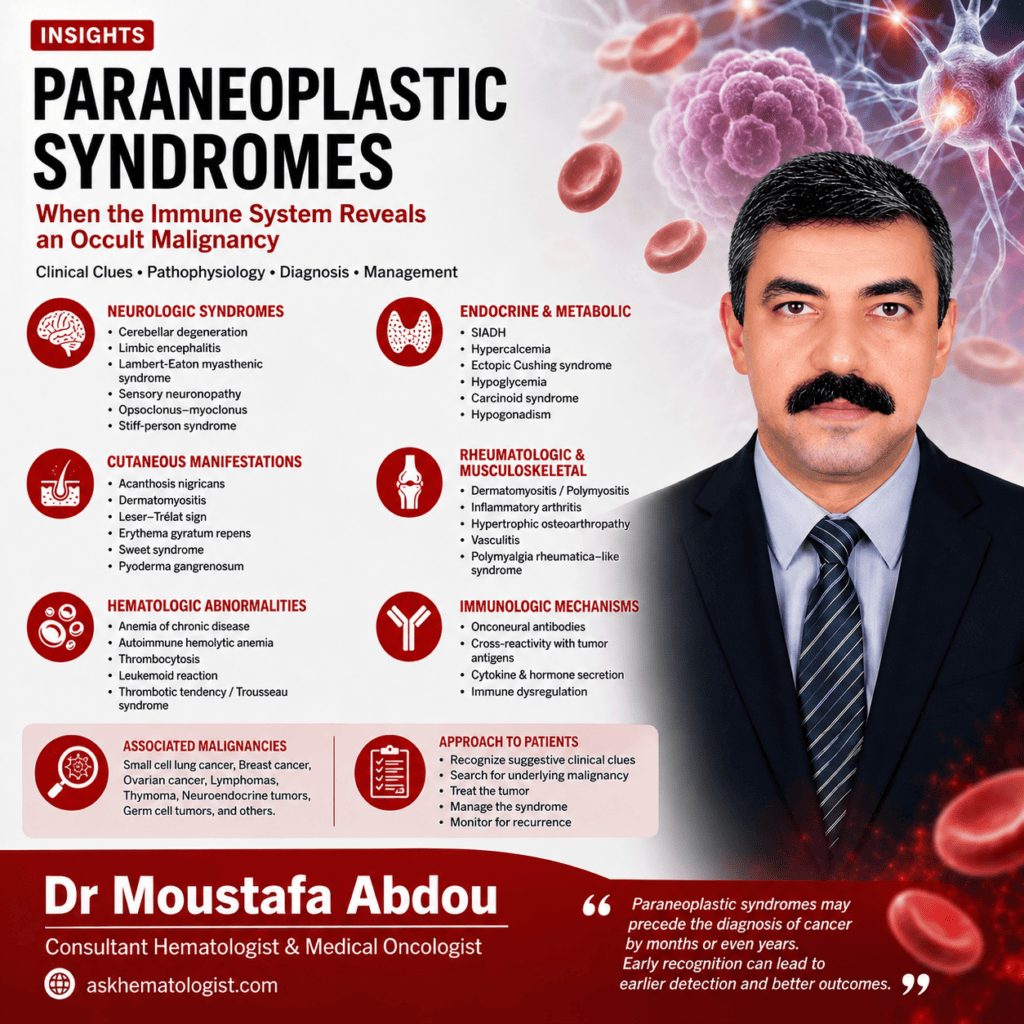 Medical infographic about paraneoplastic syndromes showing neurologic, endocrine, cutaneous, rheumatologic, hematologic, and immunologic manifestations associated with occult malignancy
