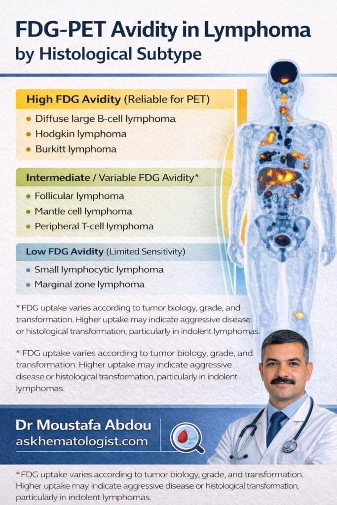 FDG PET avidity in lymphoma showing high intermediate and low uptake by histological subtype