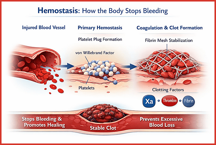 Illustration of surgical hemostasis showing injured blood vessel, platelet plug formation, coagulation cascade activation, fibrin mesh stabilization, and stable clot formation