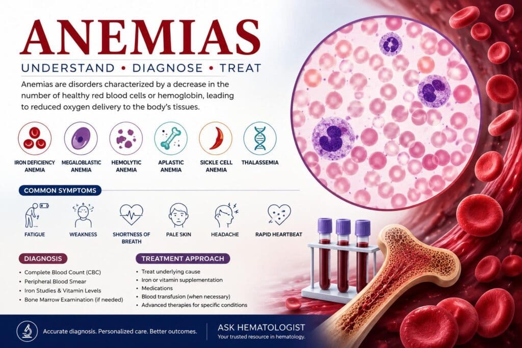 Illustration showing different anemia disorders and red blood cell morphology