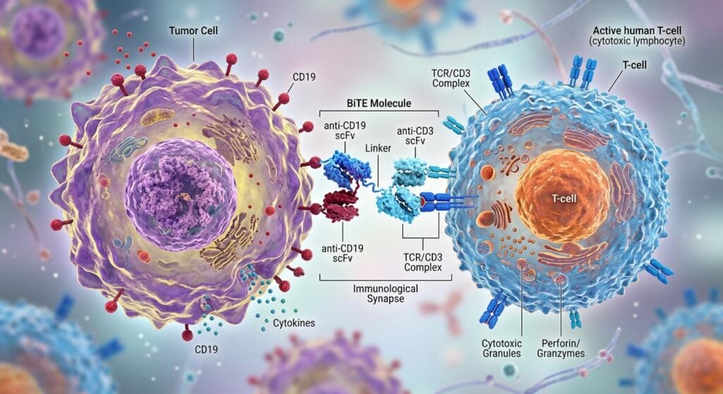 Detailed medical illustration of a bispecific antibody linking CD19 on a tumor cell to the TCR CD3 complex on a T cell