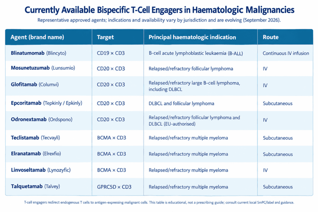 Table of currently available bispecific antibodies, their molecular targets, haematologic indications, and routes of administration